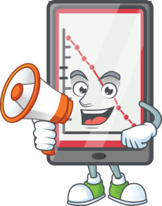 A cheerful tablet character is shouting into a megaphone, with a downward graph visible on its screen. This image could be used to promote mobile app marketing strategies or to highlight the importance of effective app promotion