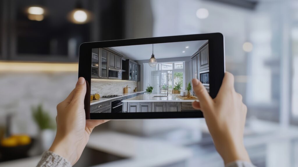 A person using a tablet to view a virtual tour of a real estate property, showcasing the kitchen