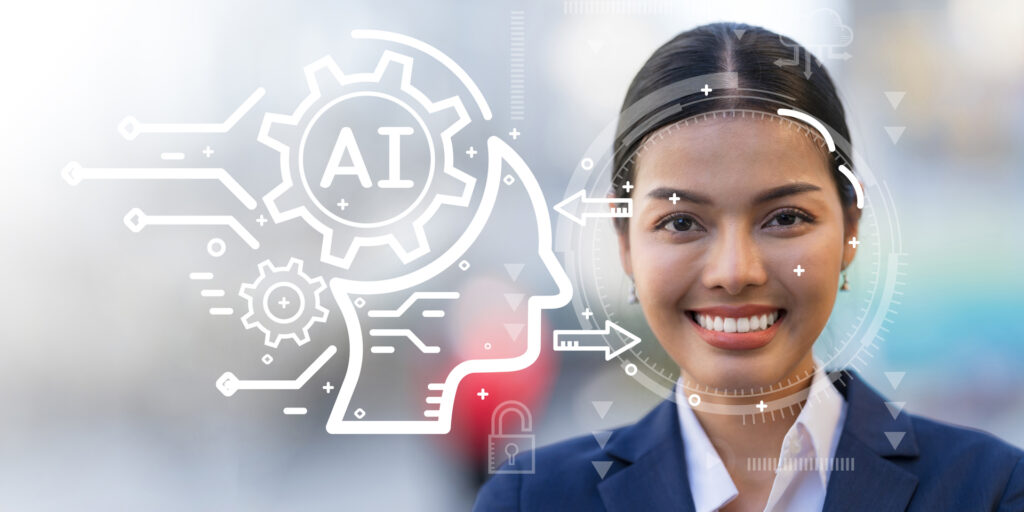 A smiling businesswoman stands beside a futuristic digital overlay of an AI concept, with gears, arrows, and digital elements surrounding a head profile, symbolizing the integration of AI in digital marketing and business strategies.