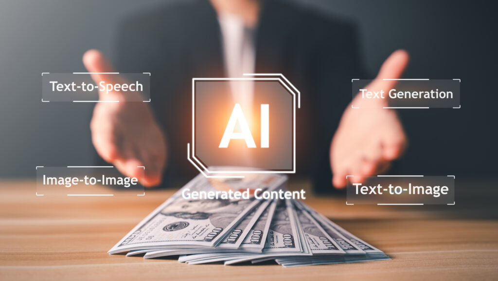 A businessperson presenting AI-generated content with various AI capabilities labeled, such as Text-to-Speech, Text Generation, Image-to-Image, and Text-to-Image, with a stack of dollar bills in the foreground, symbolizing the potential of AI in marketing and monetization