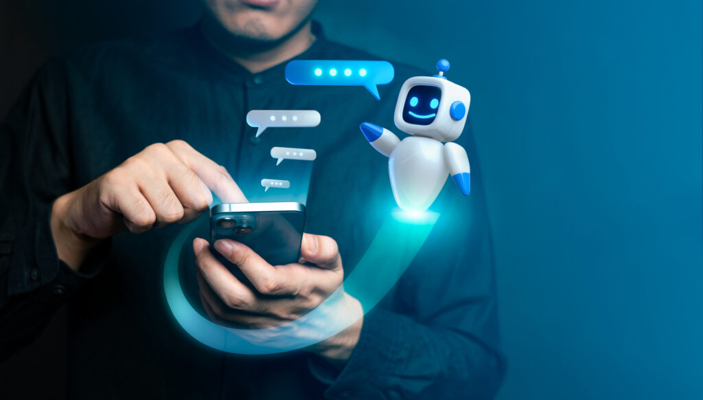 A person using a smartphone with a digital robot assistant and chat bubbles, symbolizing AI-driven SMS marketing and automated messaging services.