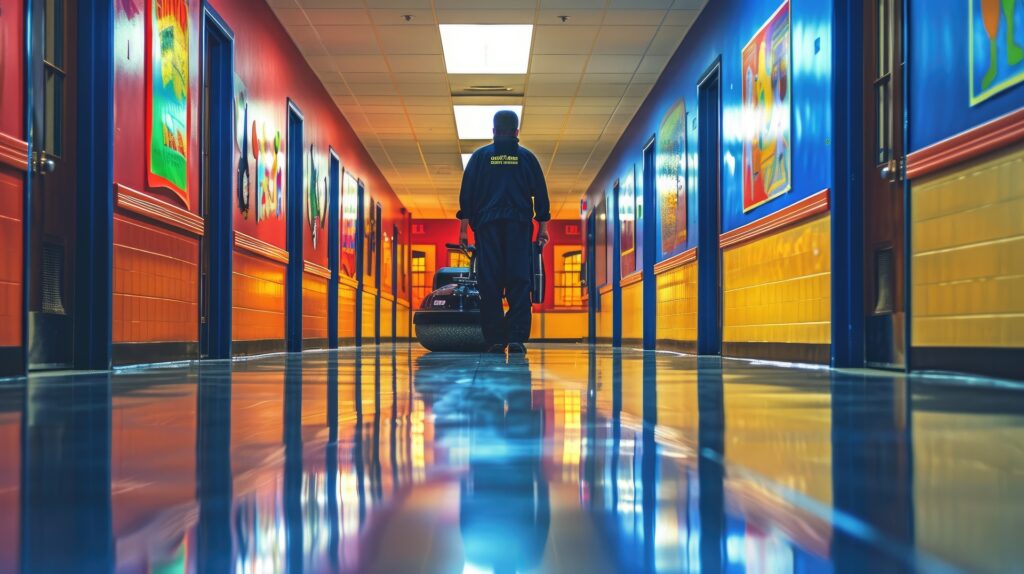  A janitor pushing a cleaning machine down a brightly colored hallway. 