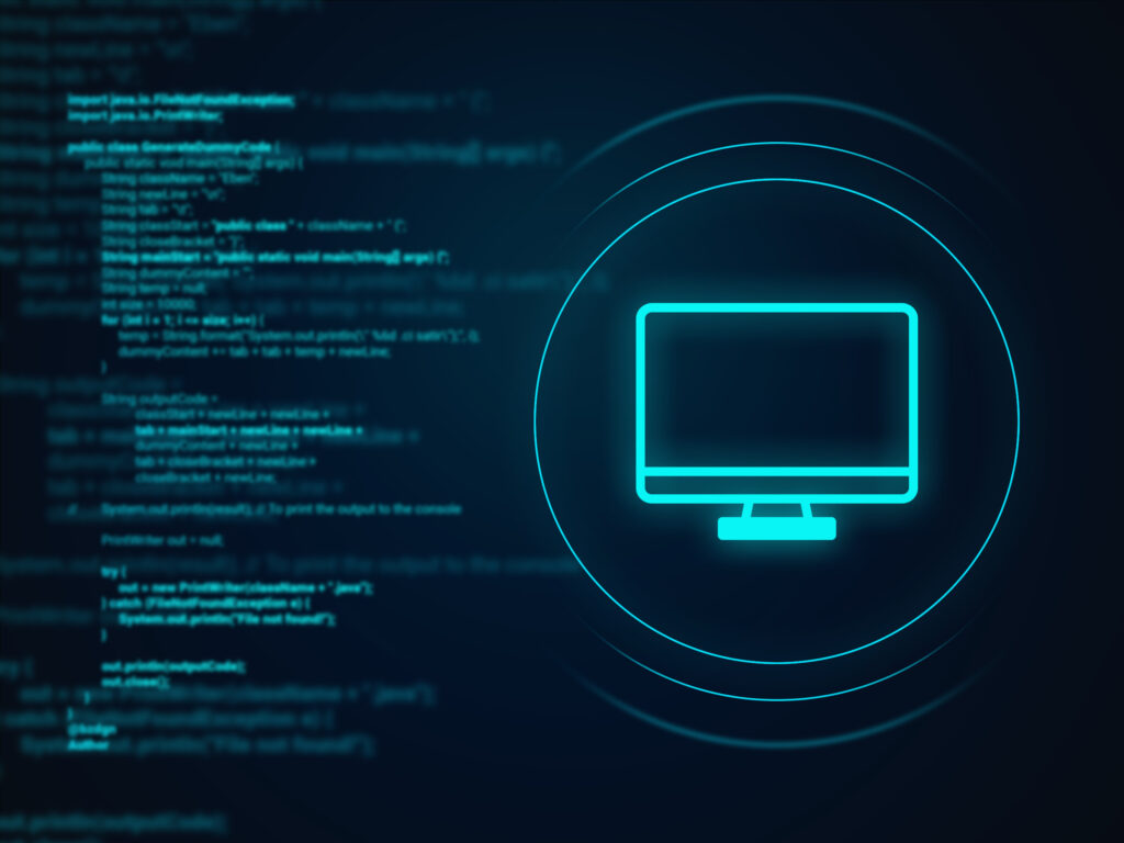 A glowing blue computer monitor icon surrounded by lines of code on a dark background. This image can represent the development and coding of mobile apps, highlighting the technological aspects of the process.