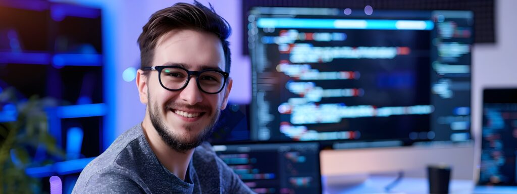 A smiling software developer or programmer is shown in a dimly lit workspace illuminated by blue and purple ambient lighting. He's wearing glasses and casual attire, suggesting a modern tech work environment.