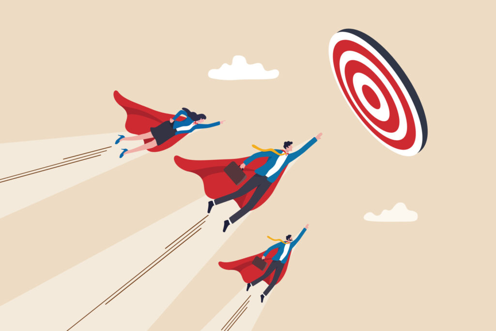 A team of superheroes, dressed in business attire, flies towards a target. The image represents the concept of growth marketing, where teams work together to achieve ambitious goals.