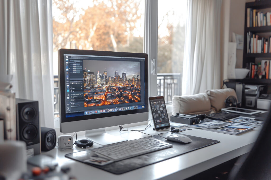 A desk setup featuring a computer, tablet, and various other tools, representing a typical workspace for a team working on a micro frontend project.