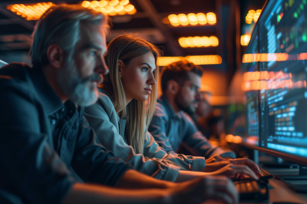 A team of software developers working intensely on large screens filled with code, illustrating collaboration and focus within a nearshore software development environment