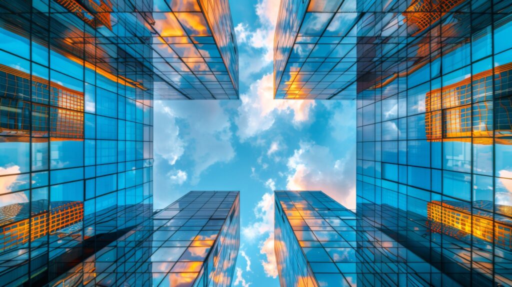 A photo of towering, glass-fronted skyscrapers reaching towards a dramatic sunset sky. The image emphasizes the urban landscape and the potential for technological integration in modern architecture, suggesting a connection to proptech advancements in urban development.