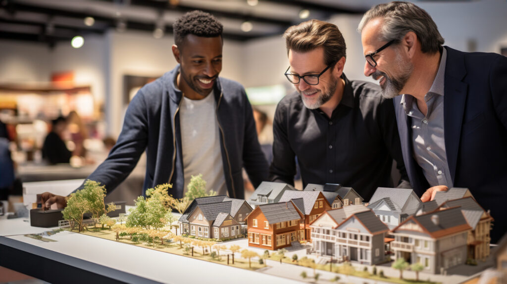 Three professionals gather around a detailed scale model of a modern residential neighborhood. They are smiling and engaged in conversation, reflecting the use of 'proptech' (property technology) to innovate and transform real estate development, planning, and investment.