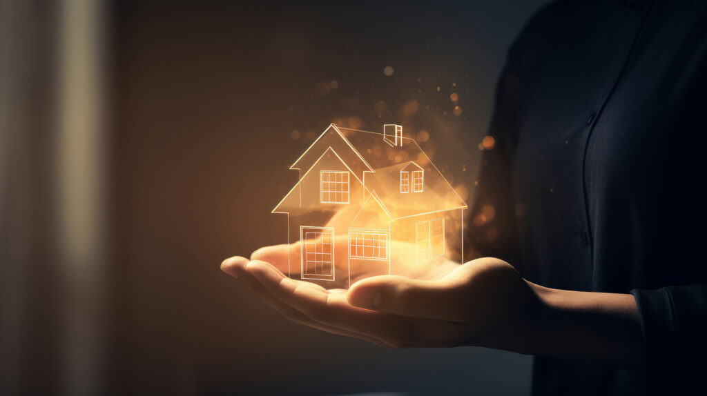 A person's hand holding a glowing outline of a house, symbolizing a new home or real estate opportunity.