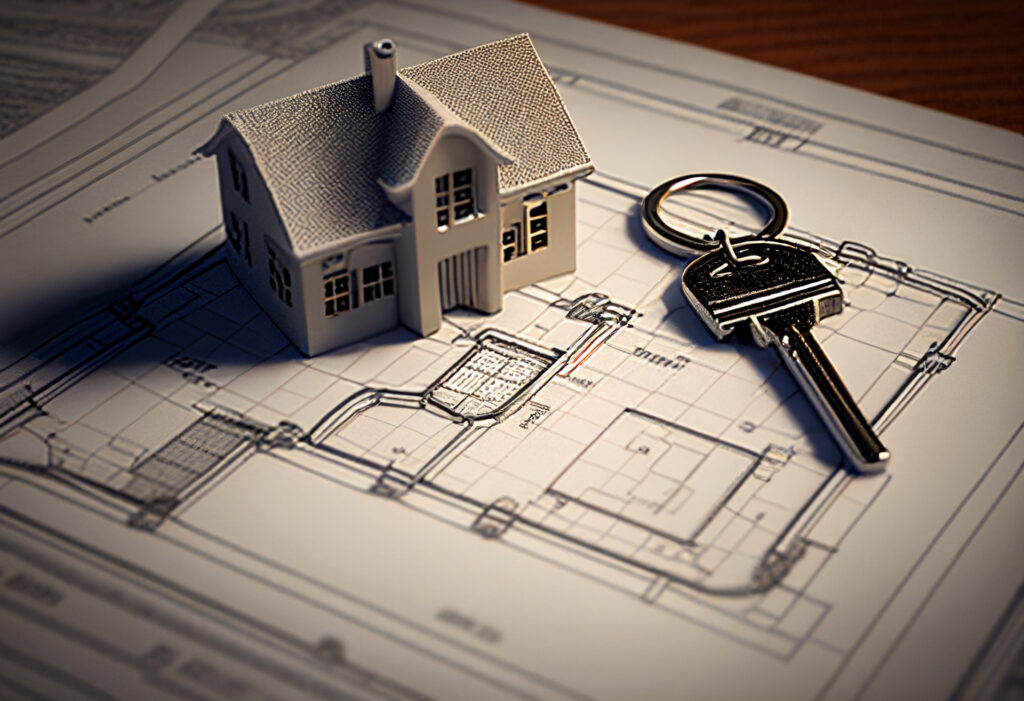 A miniature house model placed on top of a house blueprint with a key nearby. 