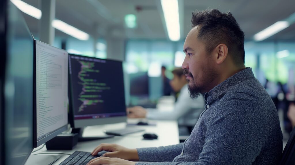 An individual works on a dual monitor setup, with one screen displaying lines of code, illustrating the backend software development process. The focus on the coding screen highlights the technical and detailed nature of backend tasks.