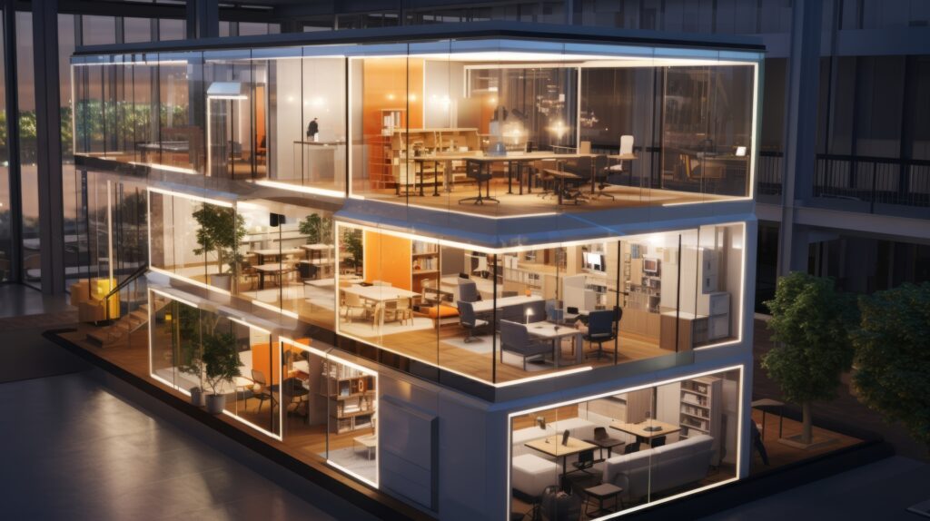 A futuristic, modular office building with glass walls showcasing various workspaces and amenities. The building is illuminated from within, highlighting its modern design and technological features, suggesting a focus on proptech advancements in office spaces.