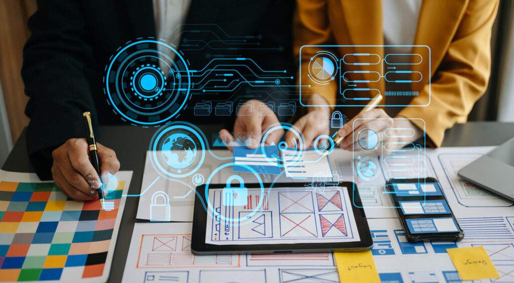 A digital overlay of user interface elements on a photo of two individuals working on web design, highlighting the concept of Digital Experience Design.