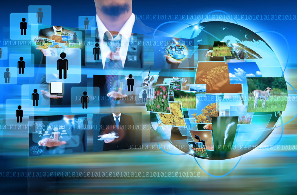 A digital collage featuring a globe with various images, binary code, and business professionals, symbolizing global connectivity and technological collaboration.