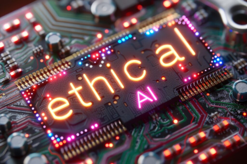 "Ethical AI" is displayed on a circuit board, emphasizing the need for ethical considerations in AI technology.