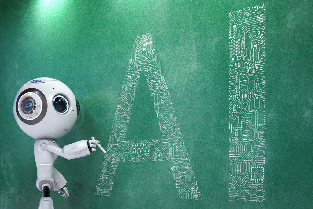 A robot with a humanoid head and body stands in front of a green chalkboard, writing out the letters ‘AI’ which are styled to look like circuit boards, symbolizing the concept of artificial intelligence in sales.