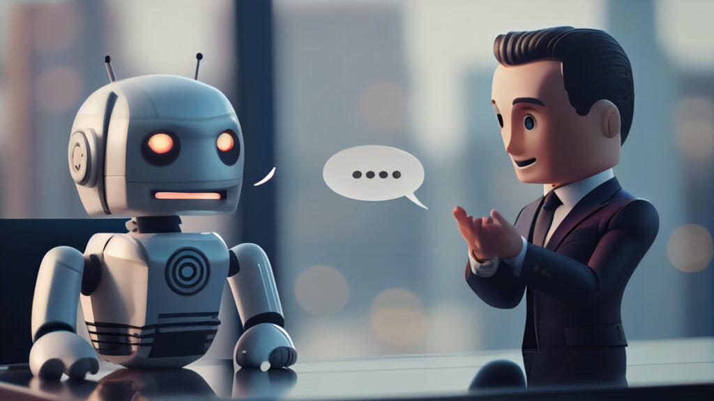 The image shows a robot and a human figure with speech bubbles, highlighting the concept of conversational AI. The visual symbolizes interactive communication between AI and humans.