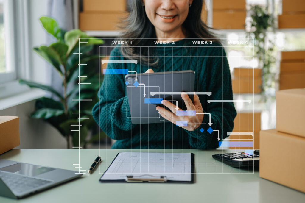 A person interacts with a digital tablet, overlayed with graphics representing a three-week project timeline and interface elements, symbolizing Digital Experience Design.