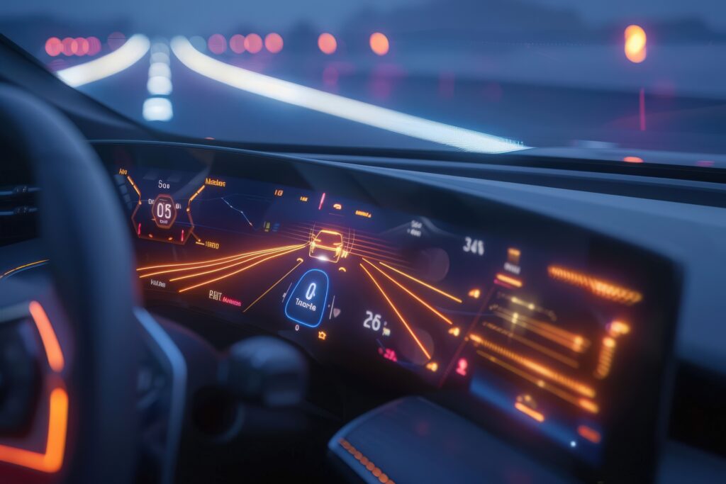 A car’s dashboard at night with advanced digital displays, showcasing speed and navigation, exemplifying modern experience engineering in vehicle interfaces.