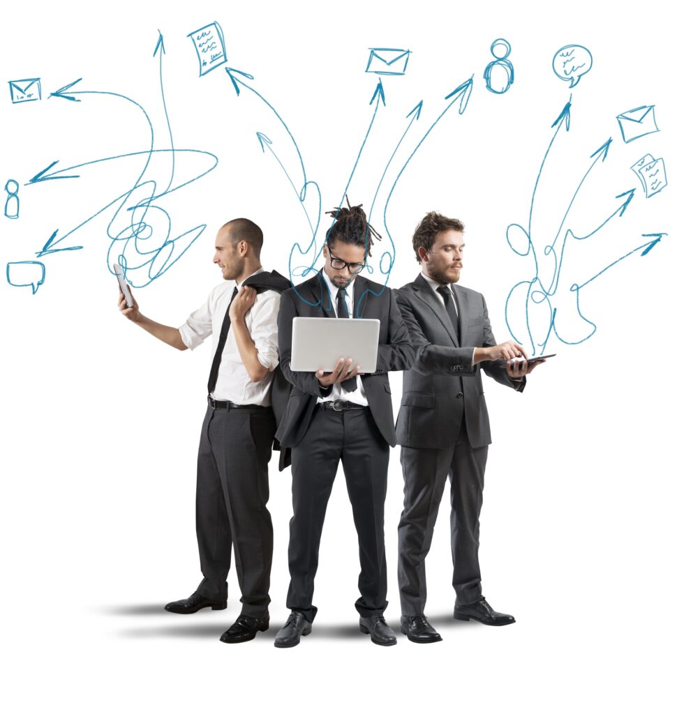 Three business professionals in suits are engaged in various marketing operations, using devices like a smartphone, laptop, and tablet. Blue arrows and icons around them represent communication and data flow.