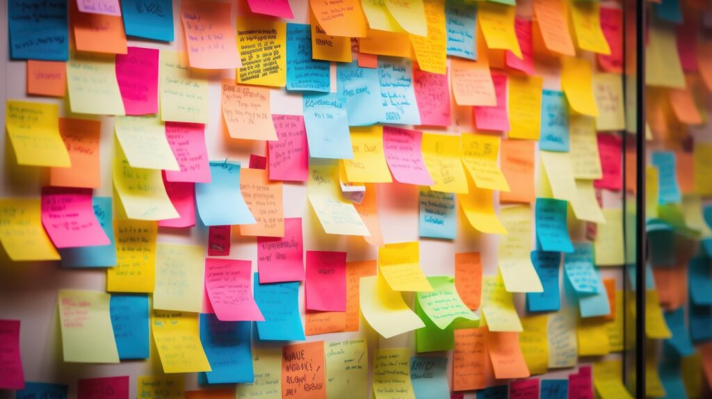 A wall covered with colorful sticky notes, each containing handwritten ideas and notes, representing the brainstorming and ideation process during the project discovery phase.