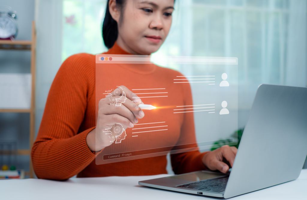 The image shows a woman using a laptop with a futuristic augmented reality interface overlaid. The interface displays AI icons, user profiles, and a "Command Prompt" suggesting an AI-powered tool for generating product discovery questions or conducting customer research.