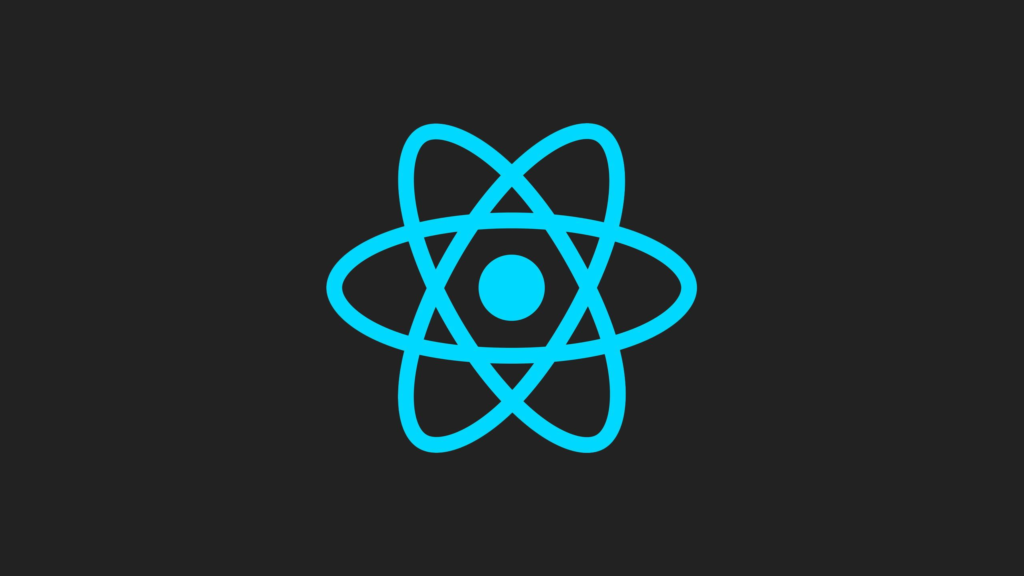 A blue atom-like logo on a dark background, representing the React JavaScript library, a key component in modern web development software stacks.