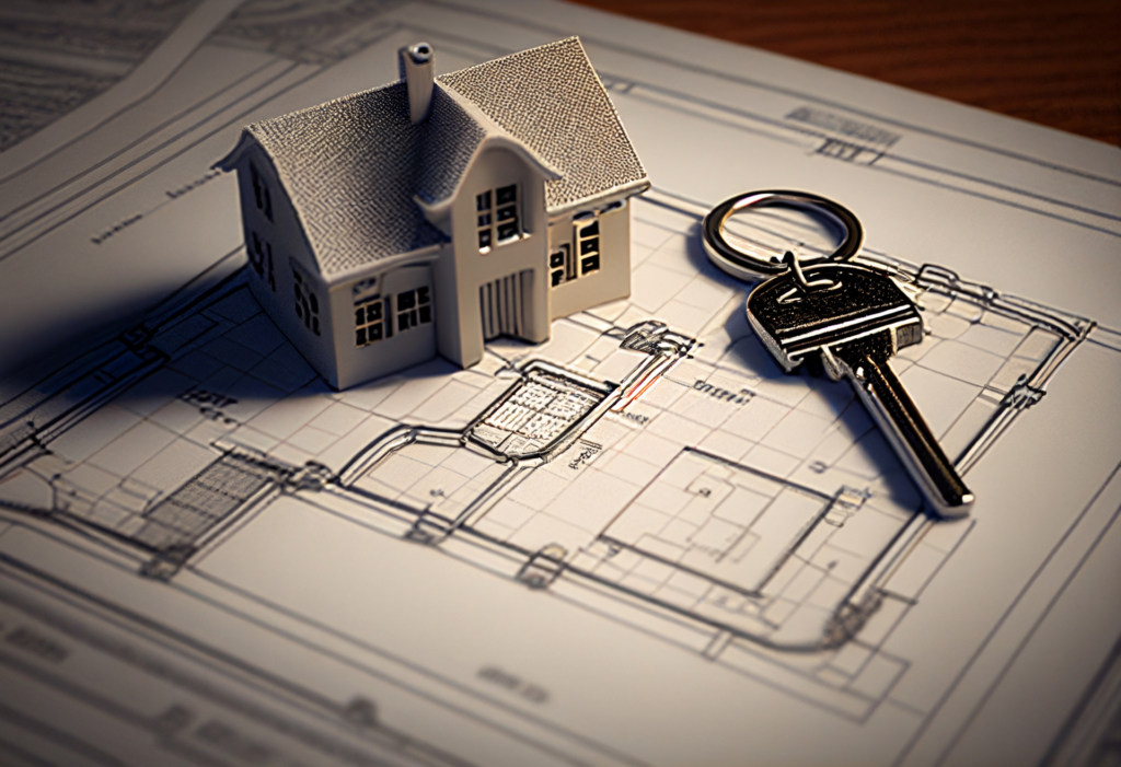 A miniature house model and a key rest on top of architectural blueprints, symbolizing the integration of real estate software in property planning and management.