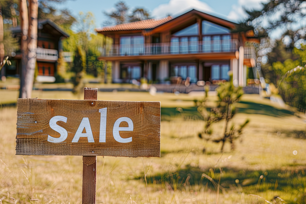 A "Sale" sign in front of a modern, two-story house with large windows and a balcony, set in a lush, green landscape. Ideal for showcasing real estate listings on SaaS marketing websites.