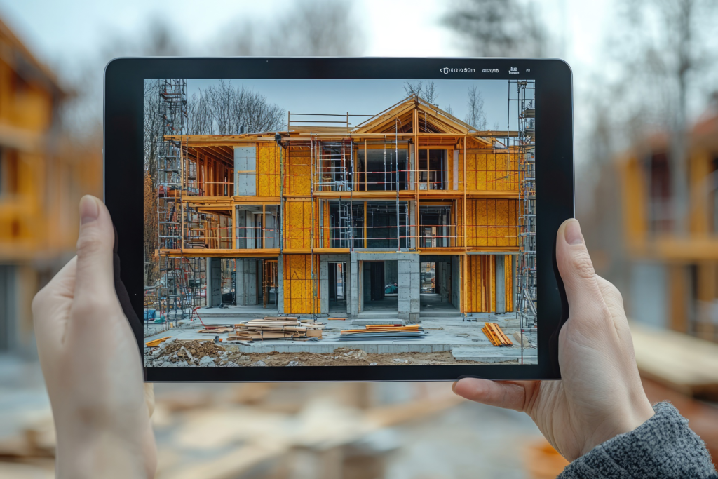 A tablet displaying a construction site, illustrating the use of technology in monitoring building progress, relevant for SaaS marketing websites showcasing construction management software.