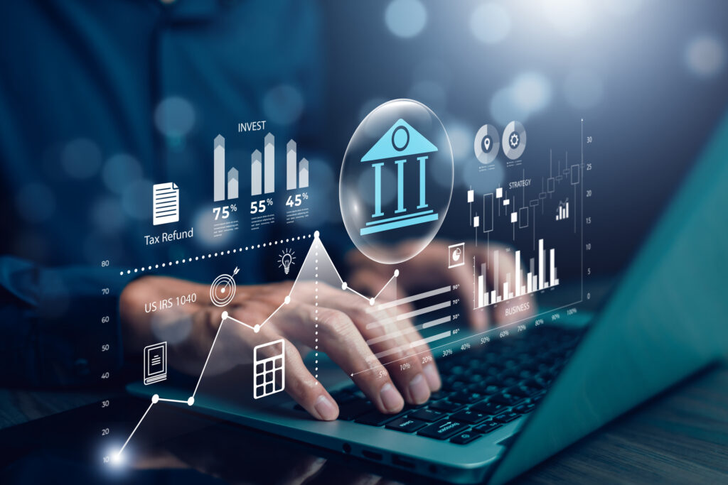 A digital illustration of a hand interacting with a futuristic sales analytics interface, featuring dynamic charts, financial symbols, and an “AI” icon symbolizing artificial intelligence in sales