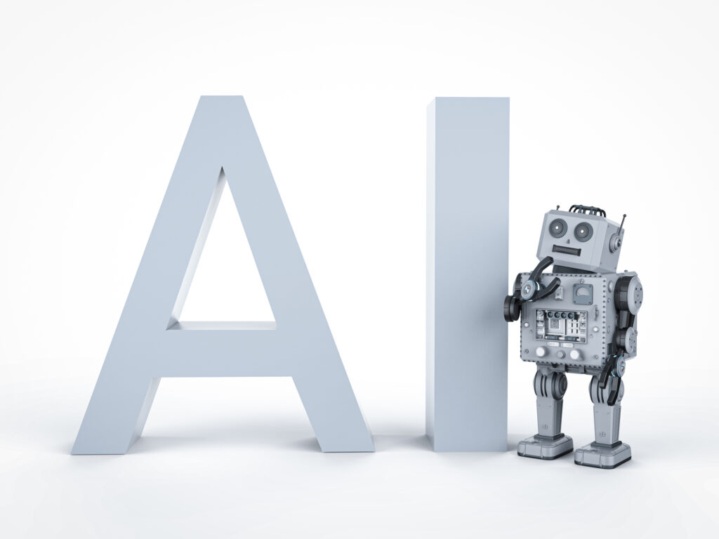 A 3D illustration of a large metallic letter ‘A’ next to a standing robot with humanoid features, symbolizing artificial intelligence (AI) in the context of sales or business.