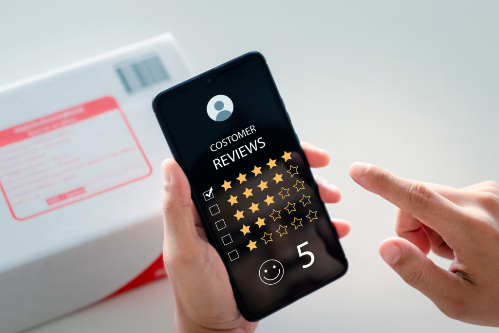 A person using a smartphone to leave a 5-star customer review, highlighting the importance of sales enablement in enhancing customer satisfaction and feedback.