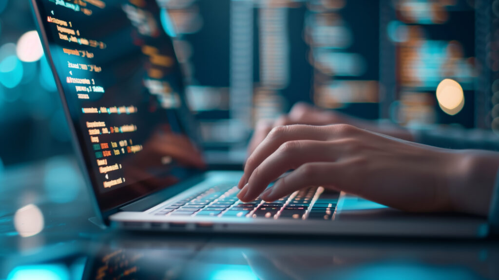 Close-up of hands typing on a laptop with glowing code on the screen, symbolizing experience engineering in a high-tech environment.