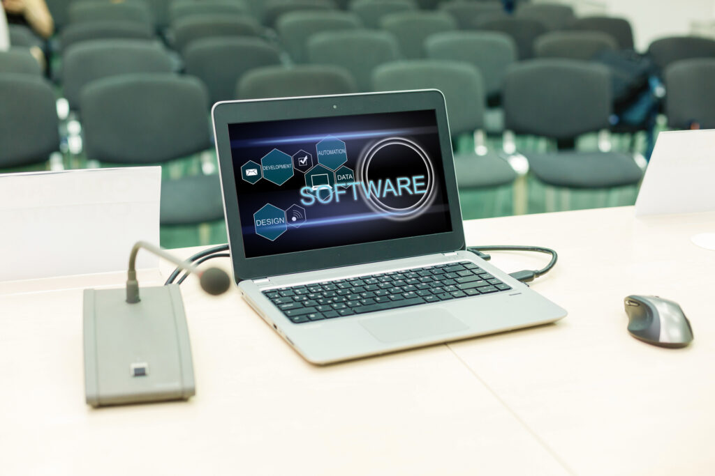 A laptop displaying "Software" with icons for automation, data, and design. This visual represents the key elements of product discovery techniques.