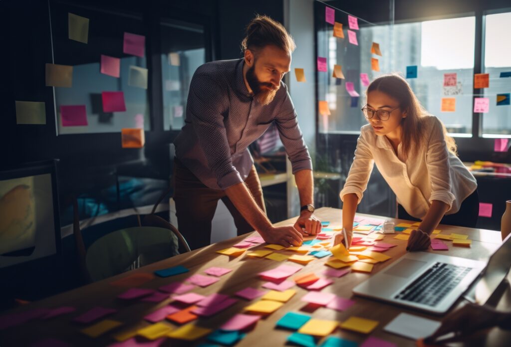 Team engaged in Pre-Launch Marketing brainstorming session, using colorful sticky notes for visual planning. Collaborative environment fosters creative strategies to optimize the product's market entry.