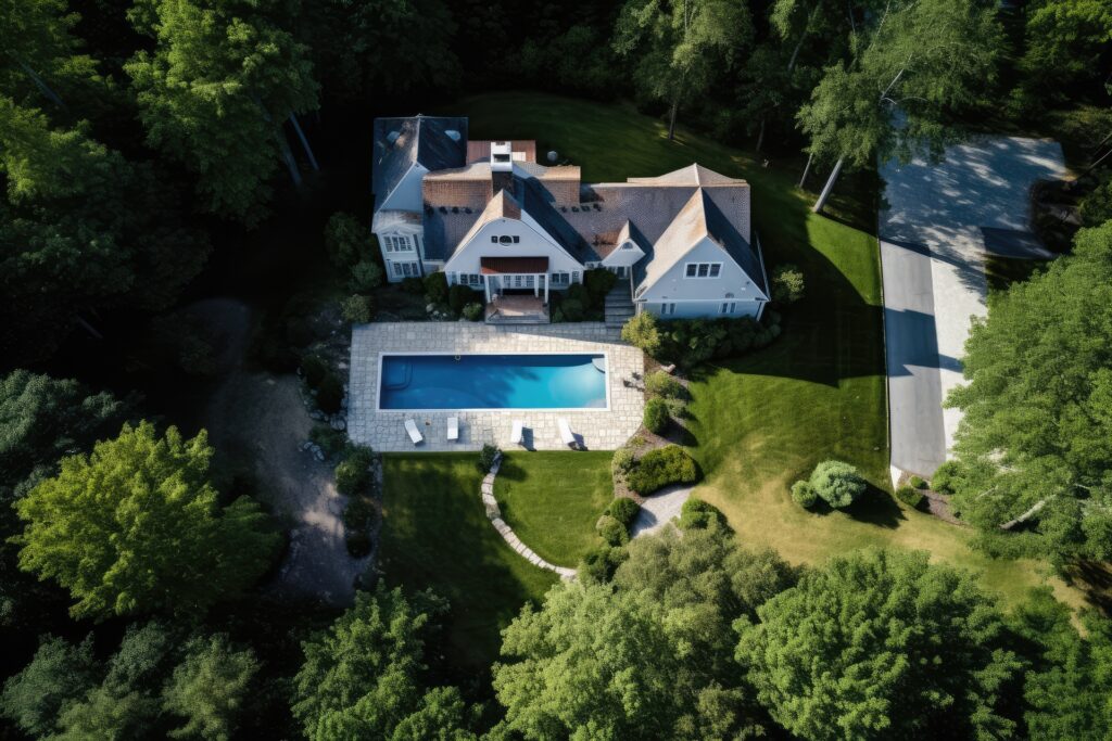 Drone photography captures the expansive grounds and elegant architecture of this luxurious property, demonstrating the potential of real estate tech to enhance property listings.