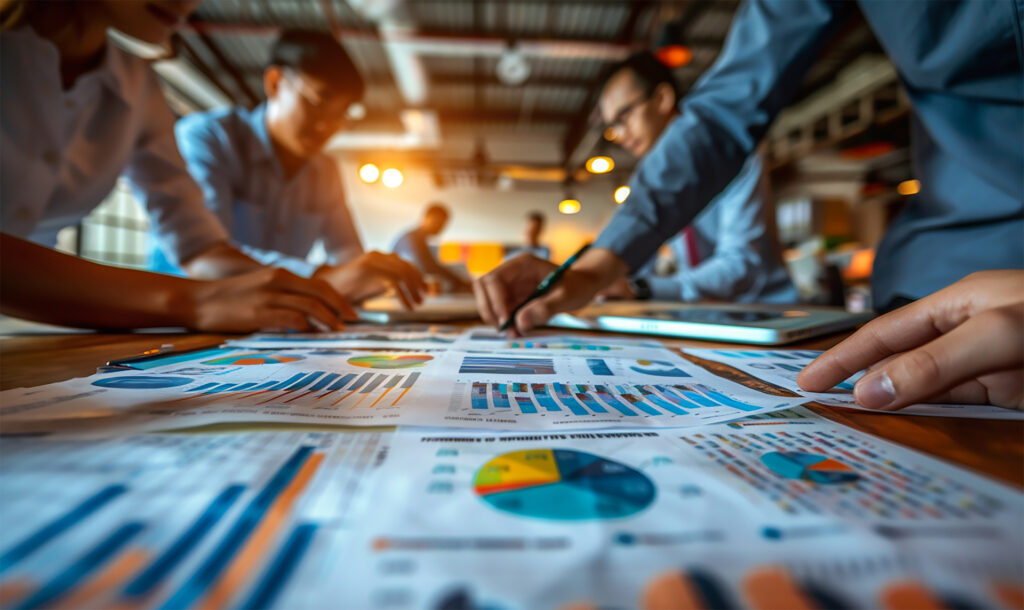 A team collaborating around a table, analyzing data and charts to inform a Product Discovery Framework.