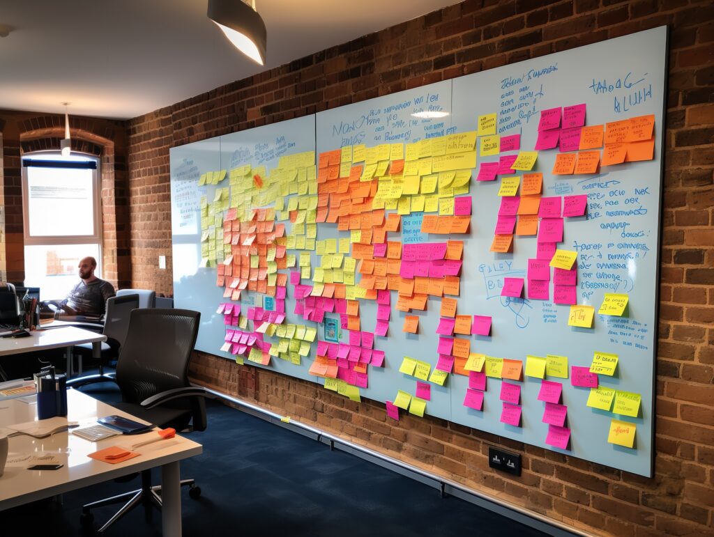 A whiteboard covered in colorful sticky notes, showcasing a visual representation of a Product Discovery Framework in action.