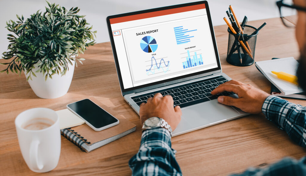 Sales performance report showing sales analysis with charts and graphs.