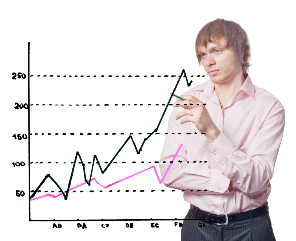 A businessman analyzing a sales graph, featuring rising trends and fluctuations. The graph reflects data-driven insights for performance evaluation.