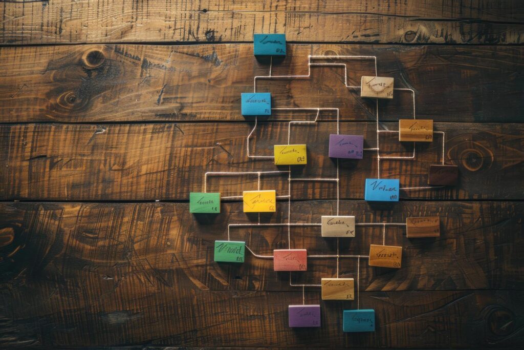 A colorful data flow diagram created with wooden blocks connected by strings, illustrating a process with multiple steps and decision points.