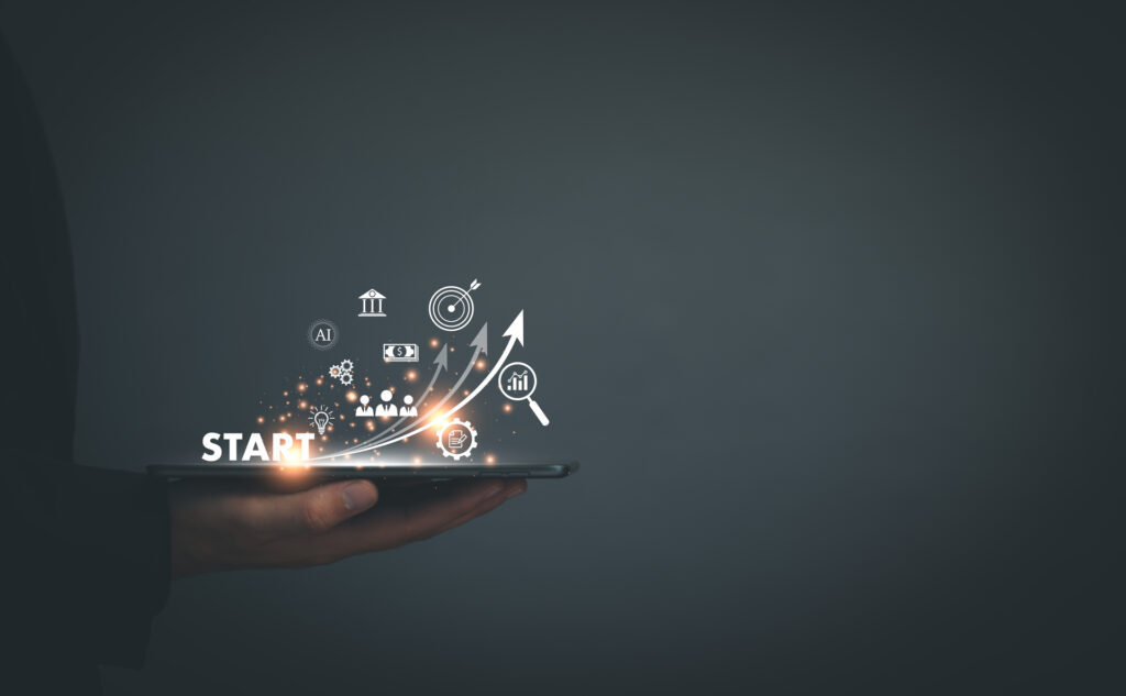 A developer launching a SaaS app, represented by a glowing "Start" button and upward arrows, highlighting the key steps and milestones involved in the development process.