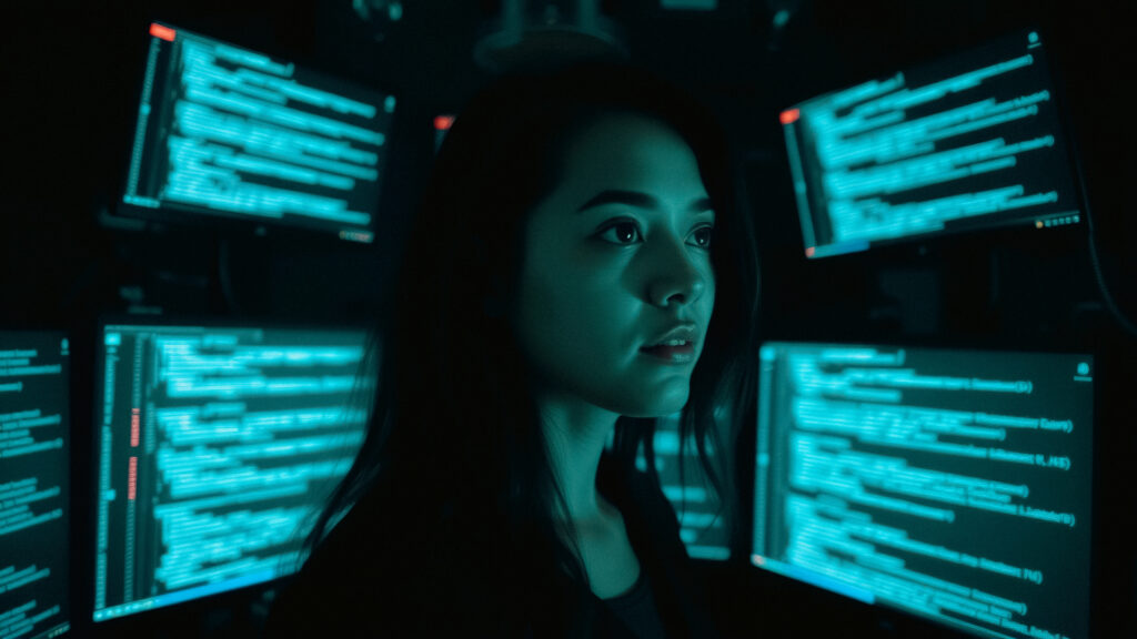 The image shows a person, presumably a woman, intently focused on a screen displaying complex code or data. The environment is dark, with the screens emitting a cool, teal-colored light, creating an intense, cyberpunk-like atmosphere. This image could represent the contrast between "no code" and "low code" approaches in software development.