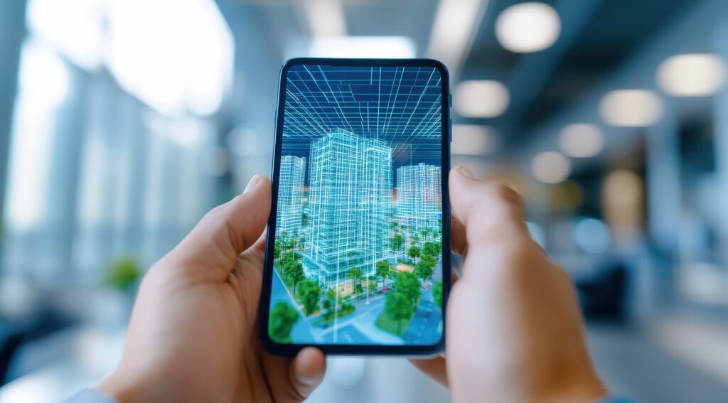 A mobile phone displaying a digital blueprint of a city, symbolizing the integration of technology in urban planning and development.