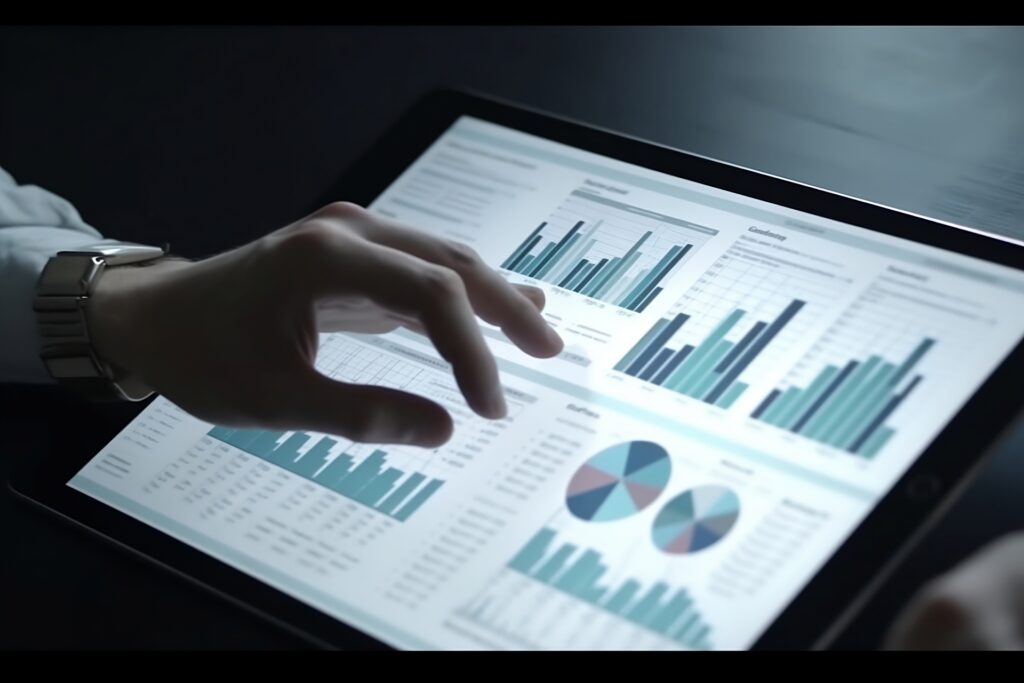 A hand interacts with a tablet displaying AlphaCalc Business Intelligence charts and graphs, providing insights into business performance.