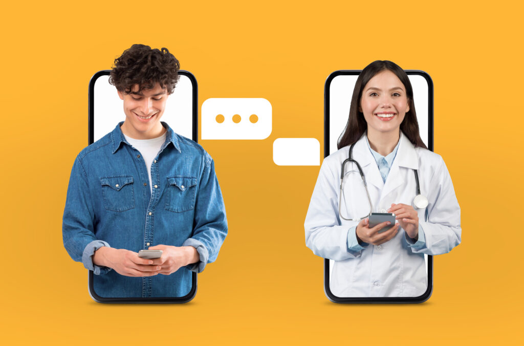 Fight Depression: Healthcare Chatbot" – A young man and a doctor appear on a vibrant yellow background, symbolizing seamless communication through smartphones