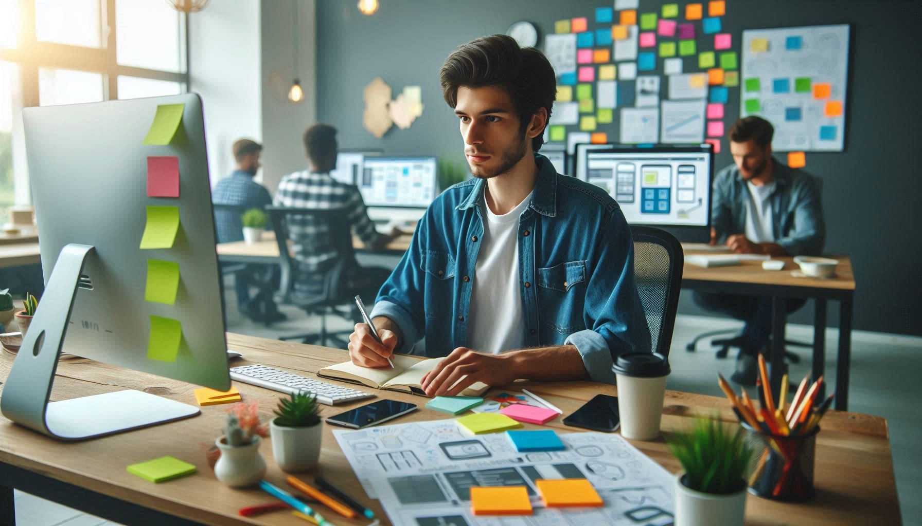 A young professional working at a desk in a modern office, surrounded by sticky notes and design sketches, with team members collaborating in the background, symbolizing app development and design processes