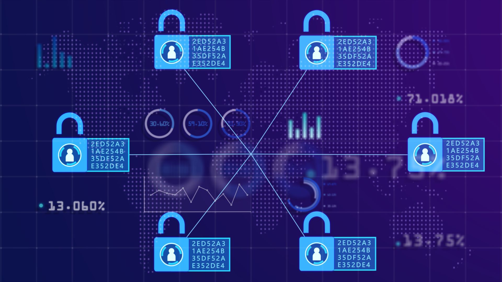 A digital world map representing a blockchain network. Padlock icons symbolize secure connections, and percentages indicate completion rates. Alphanumeric codes likely represent unique identifiers.